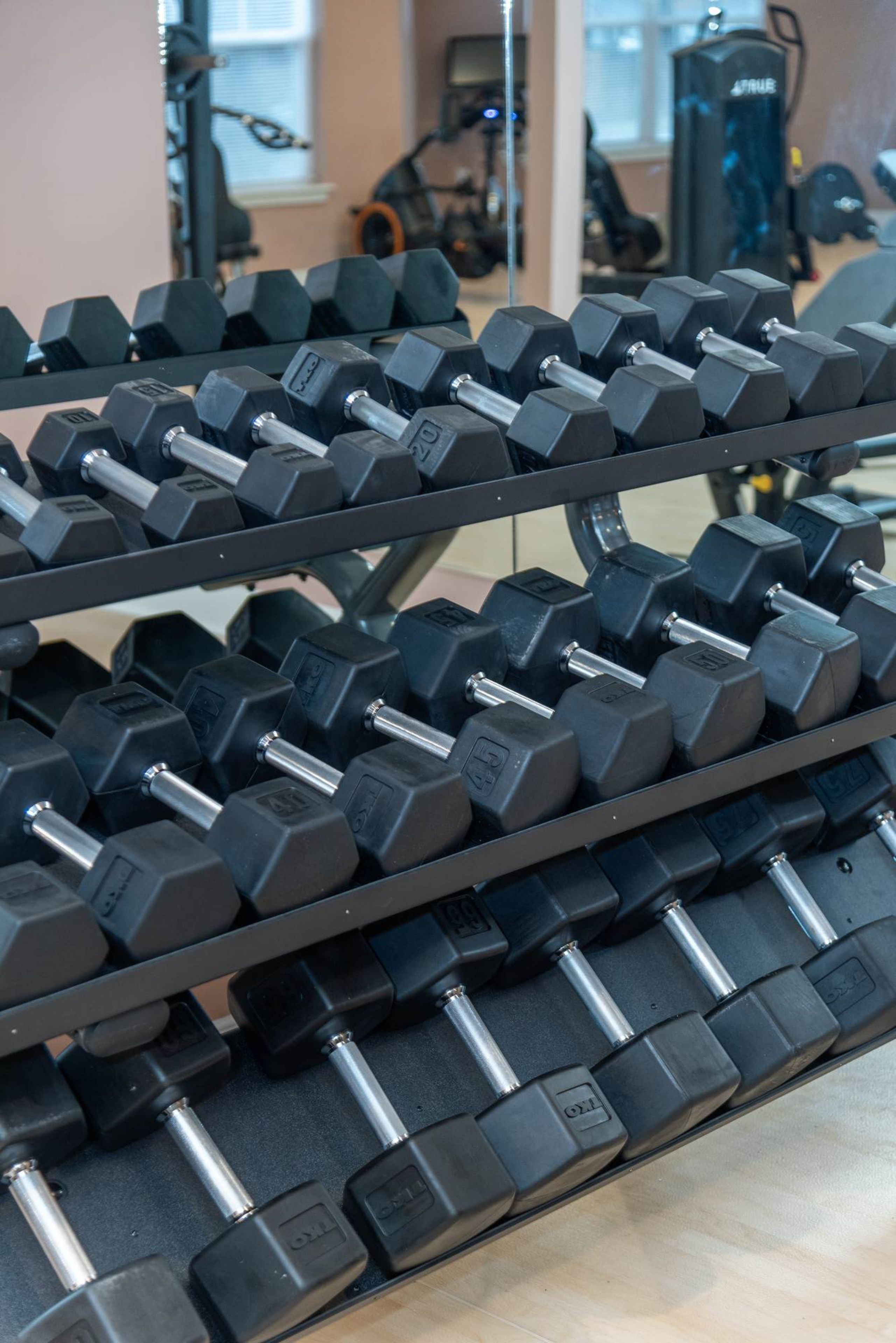 Attain at Chic's Beach apartment homes with Three shelves of black dumbbells on a rack in a gym with exercise equipment visible in the background.
