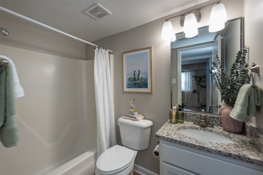 Attain at Chic's Beach homes with Modern bathroom with a shower, toilet, granite sink, and mirror, decorated with towels, plants, and wall art.