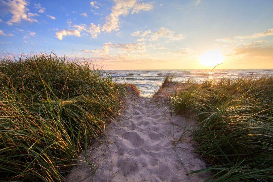 Attain at Chic's Beach with Sandy path through tall grass leads to the ocean at sunset under a partly cloudy sky.